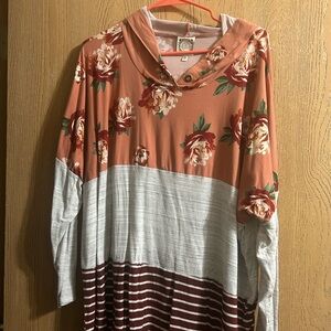 Ava & Viv Floral Colorblock Hoodie - Rust and White